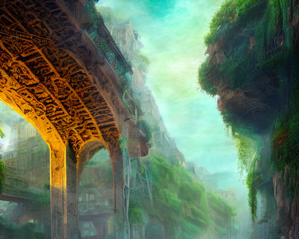 Ethereal cityscape with ornate bridge and lush greenery