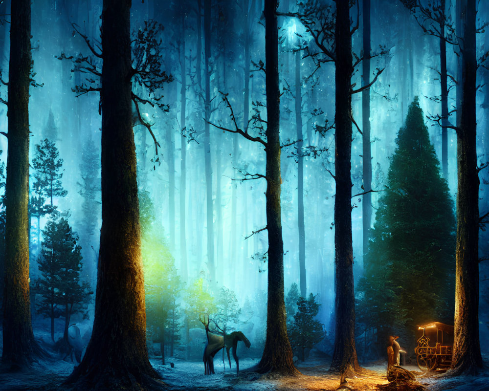 Mystical Forest Scene: Horse, Cabin, Beams of Light