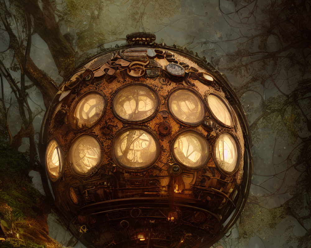 Spherical steampunk airship in forest clearing with glowing windows