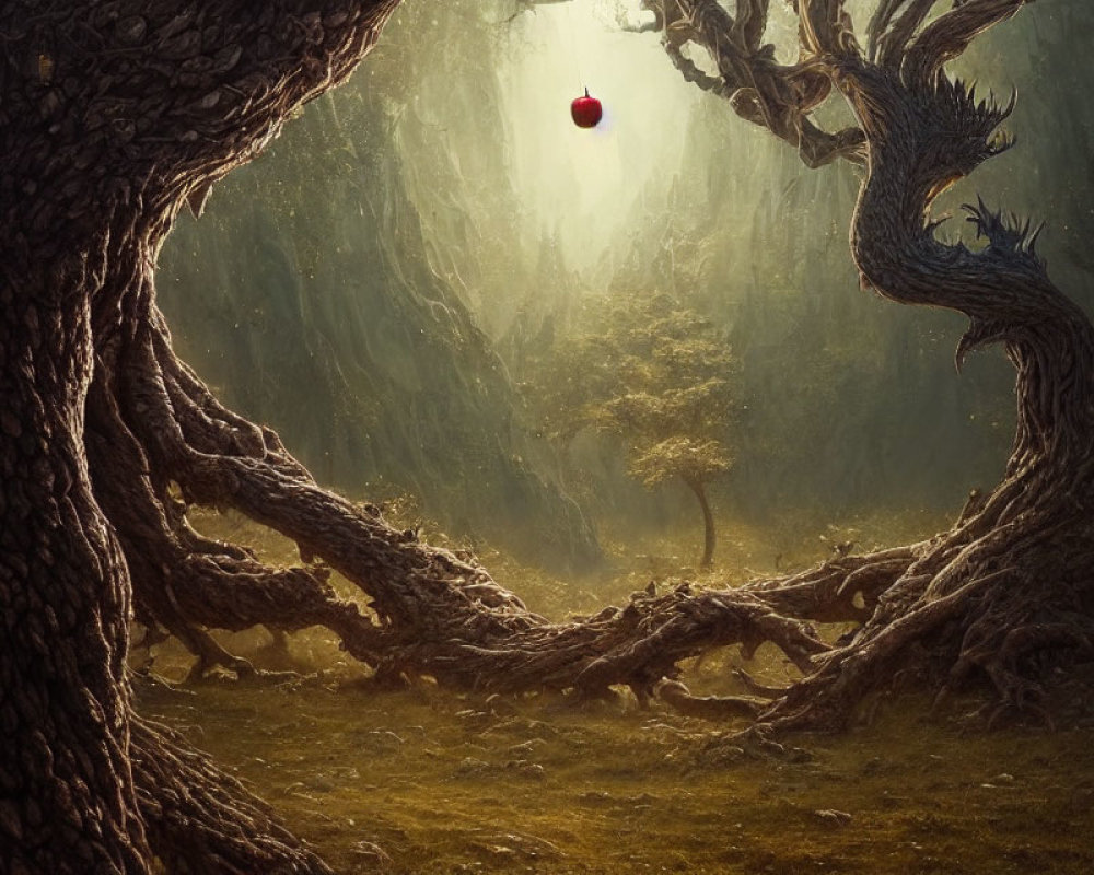 Mystical forest with ancient twisted trees and red apple in light beam