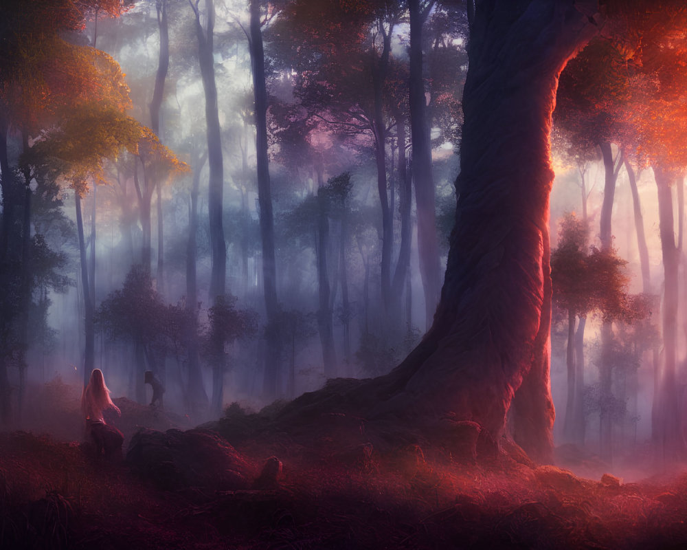 Mystical forest with sunbeams and vibrant foliage