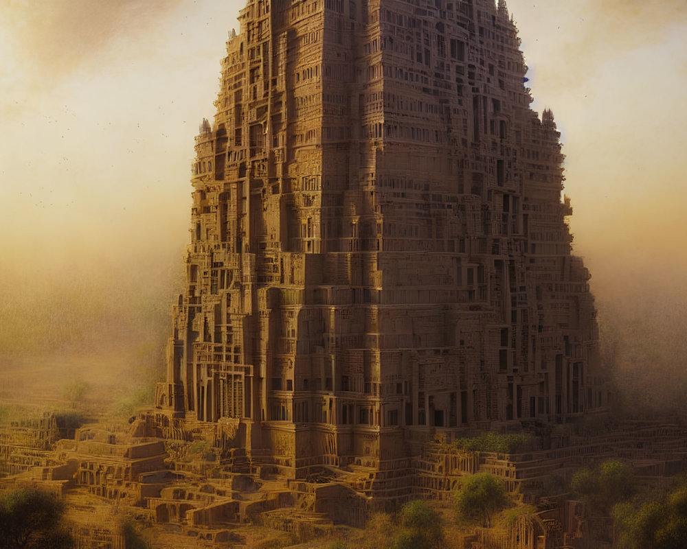 Ancient temple with intricate carvings in dusty landscape