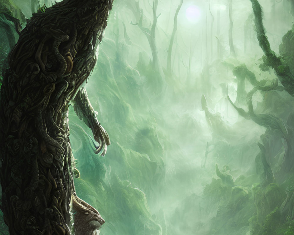 Enormous gnarled tree in mystical forest with ethereal green light