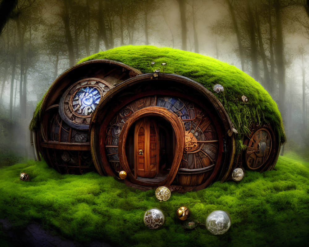 Enchanting hobbit house in foggy forest with round door