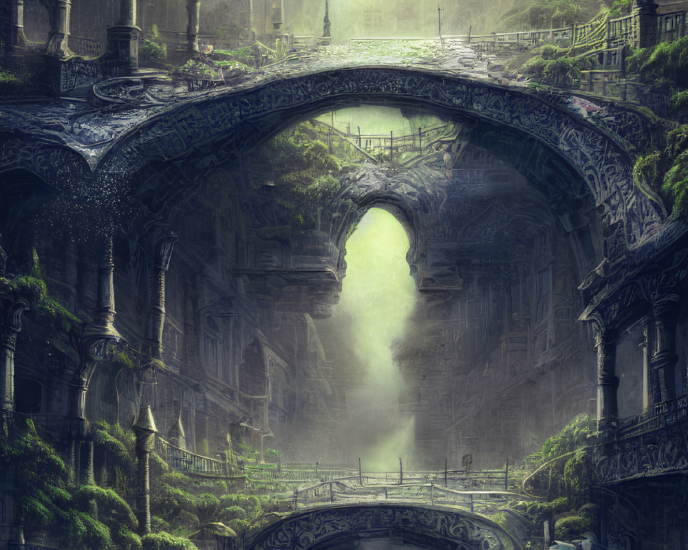 Fantasy cityscape with intricate bridges over misty canal