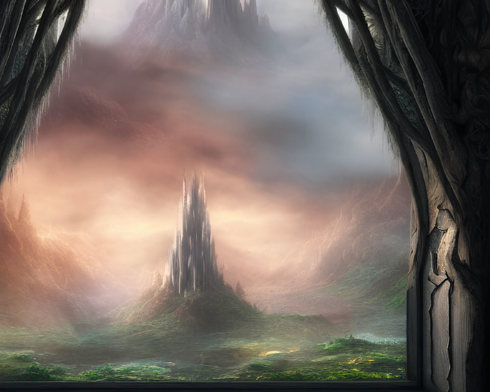 Gothic window reveals mystical landscape with towering rock spires