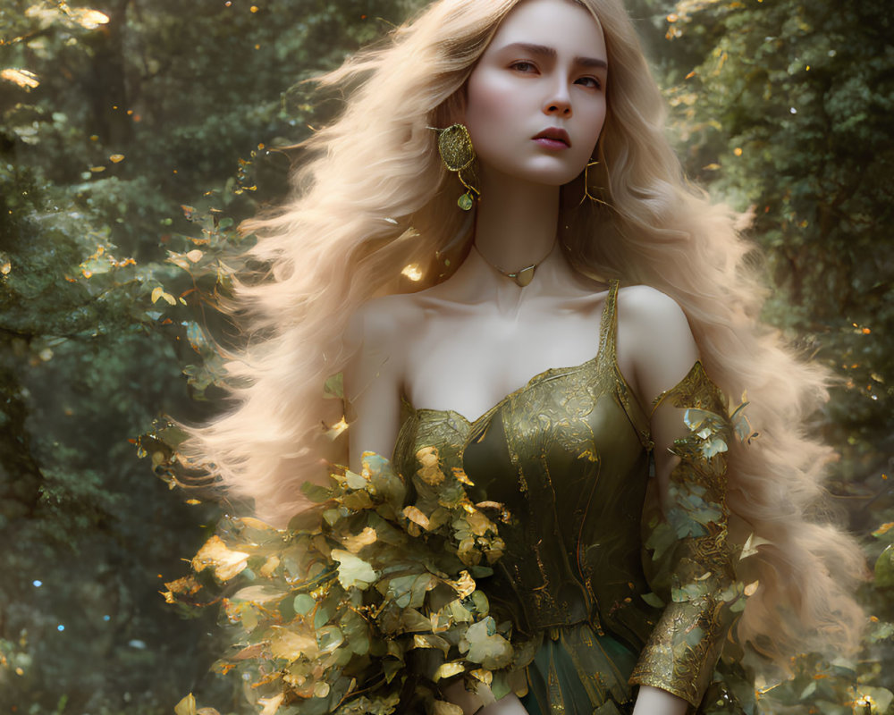 Blond woman in green leaf dress in mystical forest