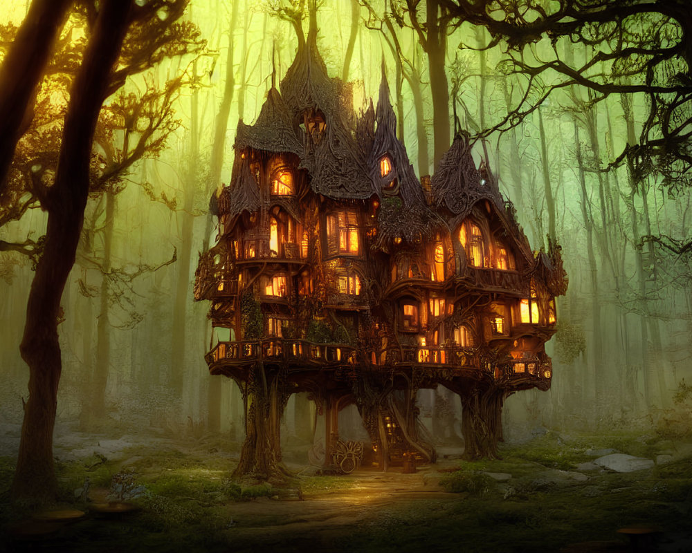 Magical multi-story treehouse in misty forest setting