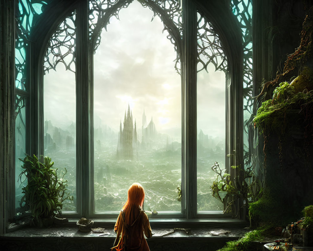 Woman looking out of ornate window at mystical sunlit city surrounded by nature