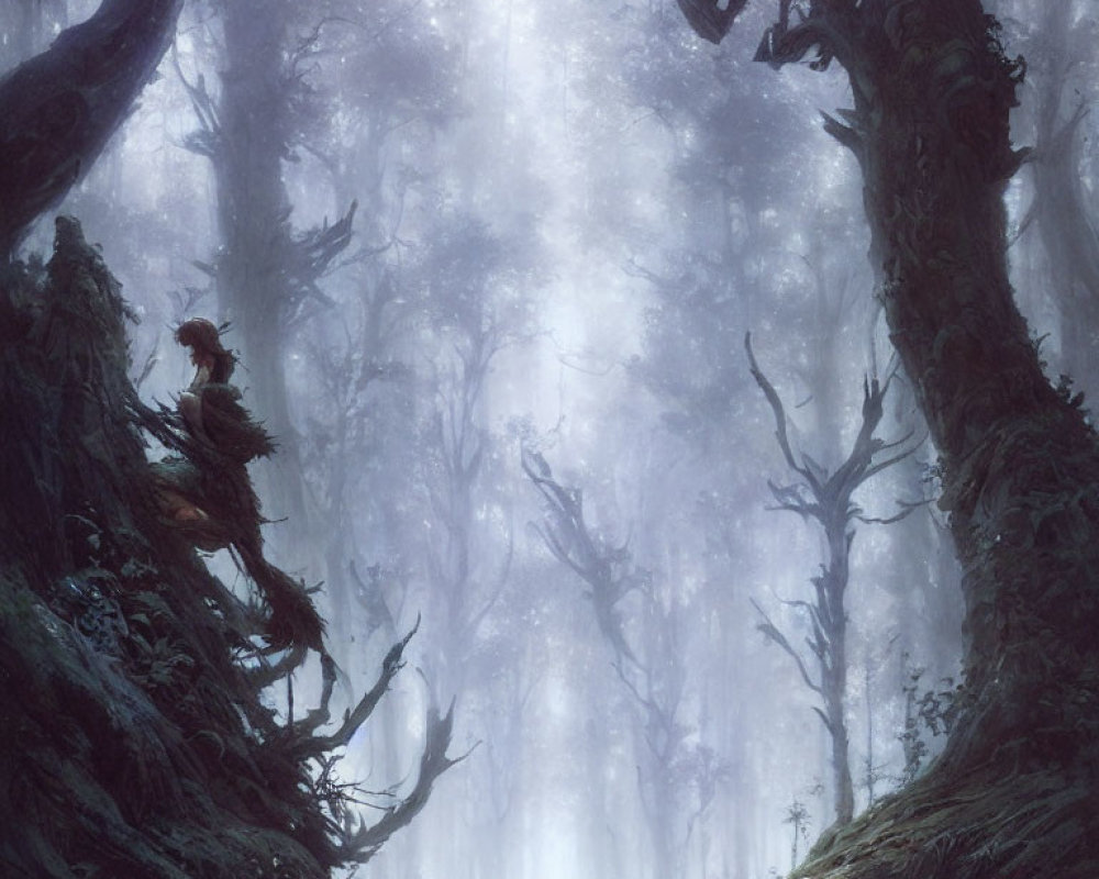 Ethereal foggy forest with gnarled trees and mystical light.