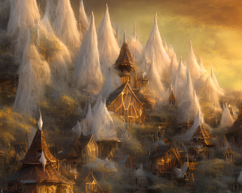 Enchanted village with pointed-roof houses in forest at sunset