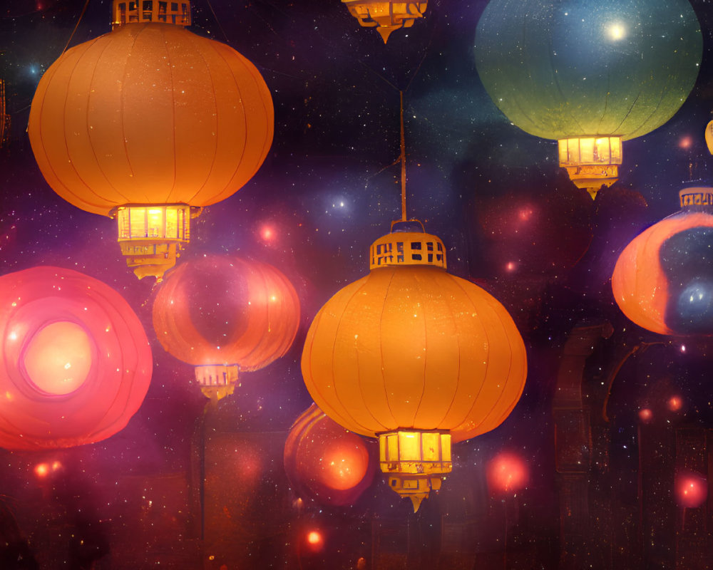 Colorful Lanterns Float Above Crowded Night Scene