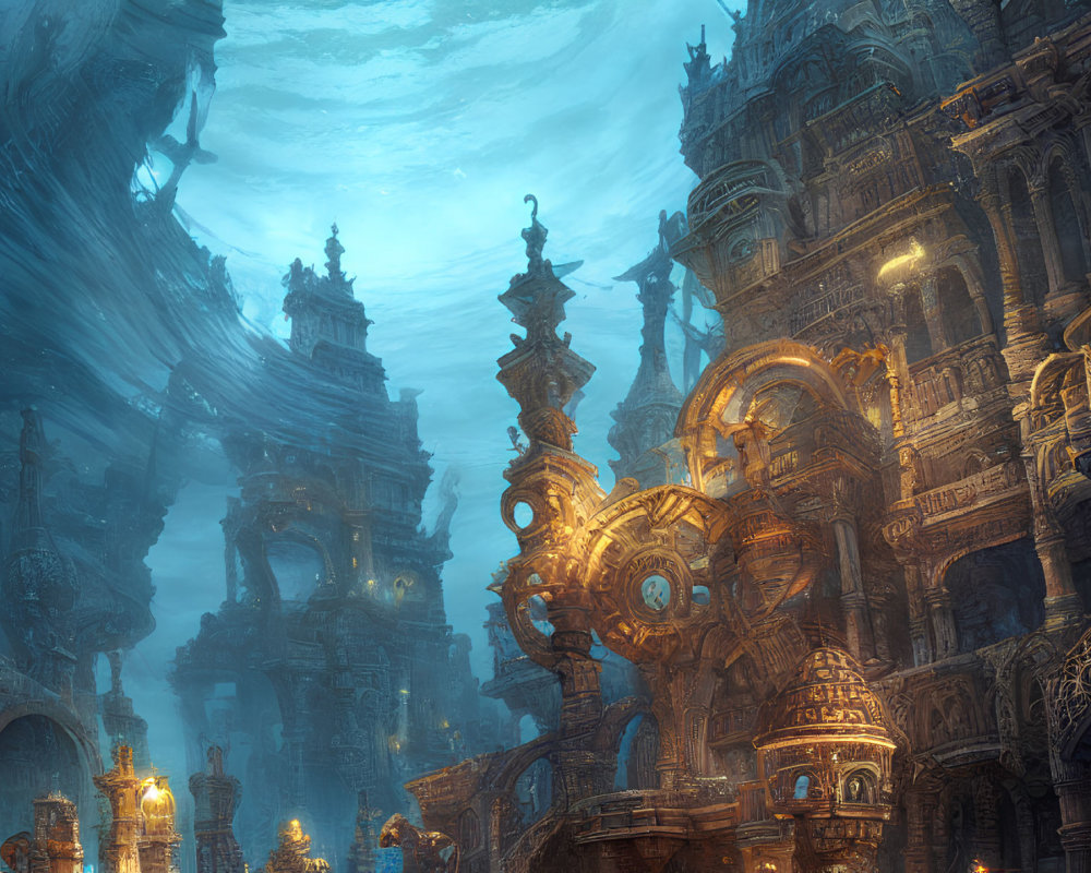 Fantasy underwater city with golden embellishments and blue glow