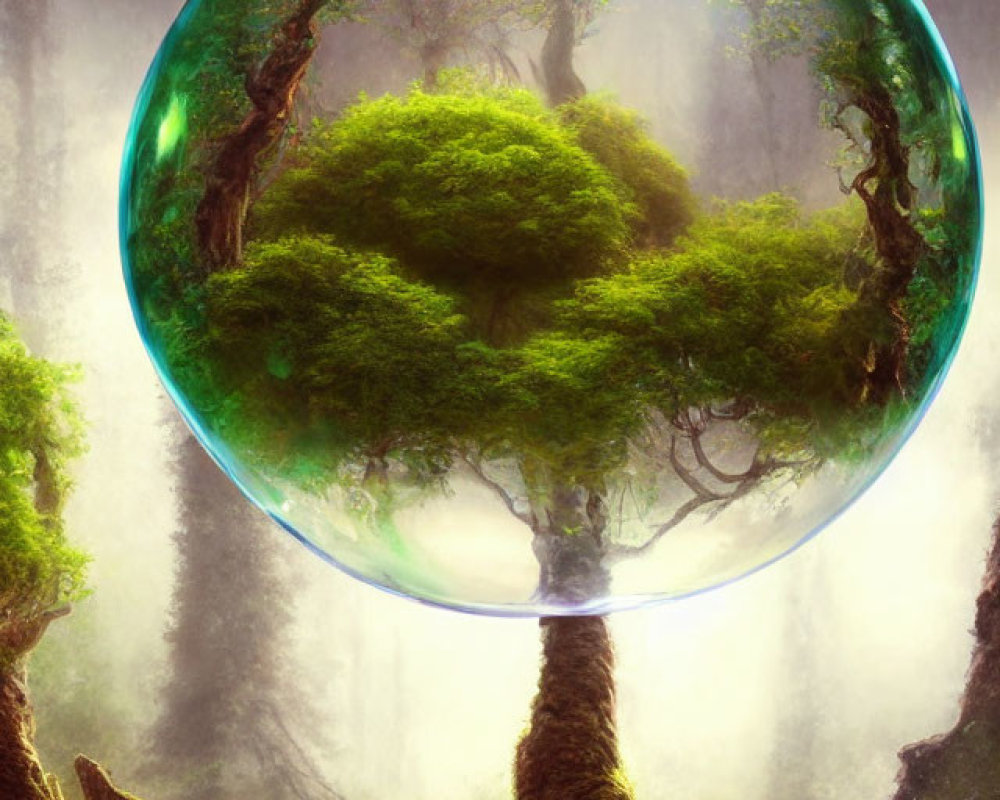 Mystical forest scene with lush tree in transparent sphere