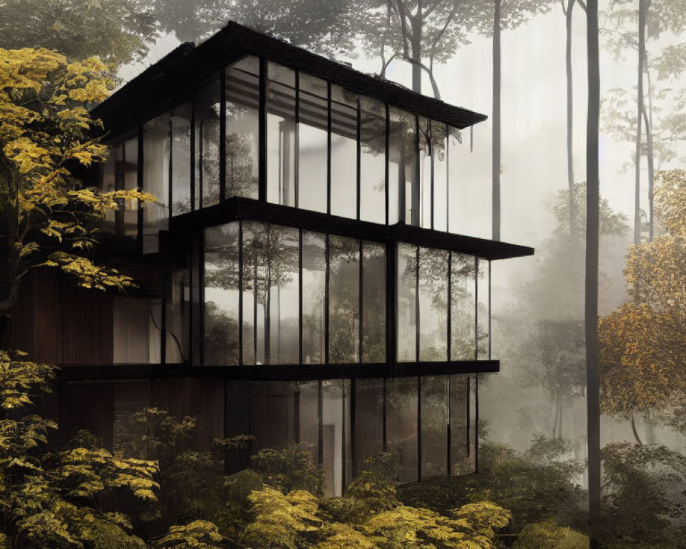 Glass house in dense forest fog