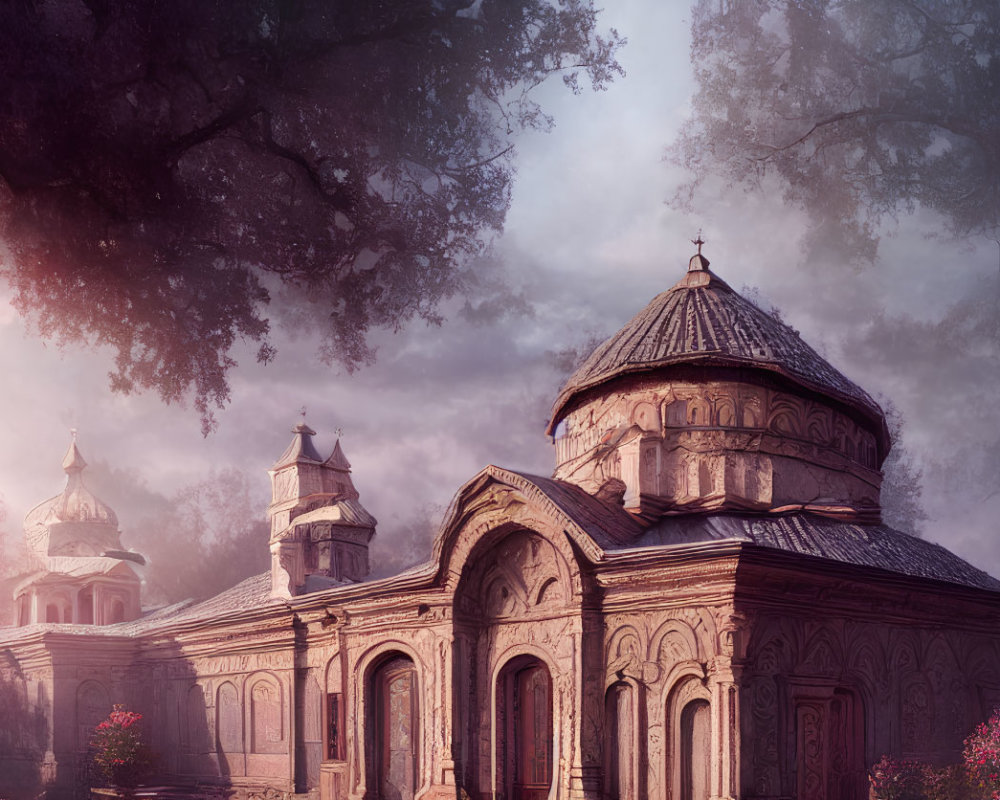 Old church with ornate details in lush setting at sunset