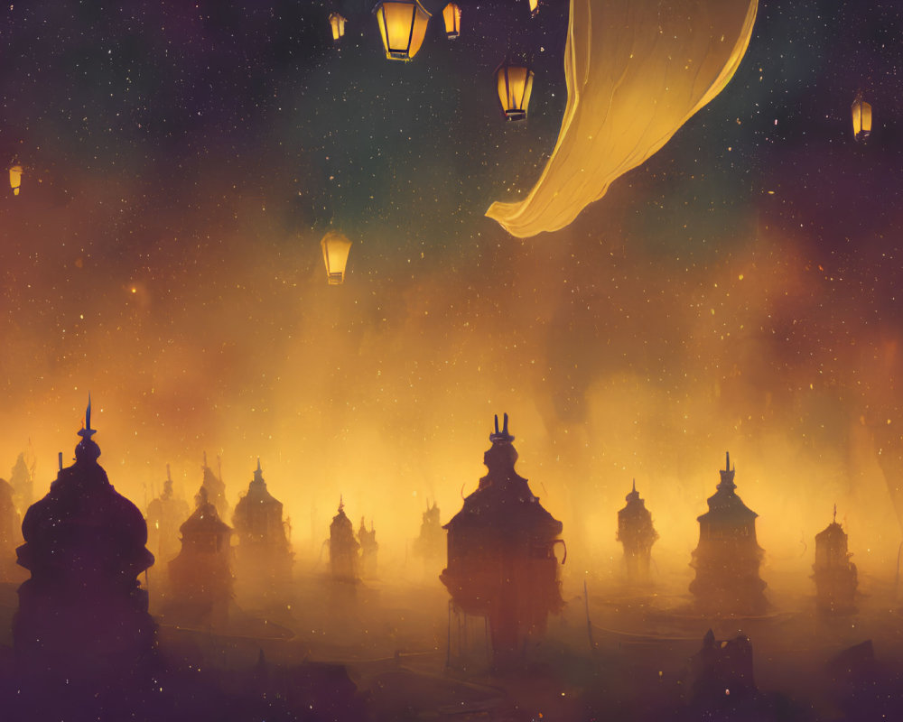 Starry night scene with floating lanterns and pagoda rooftops