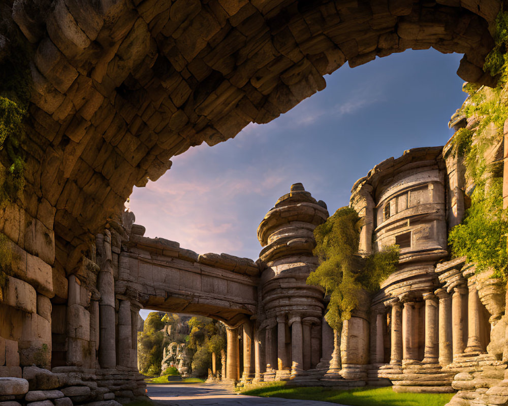 Ancient stone ruins and cobbled road under sunlight in lush greenery