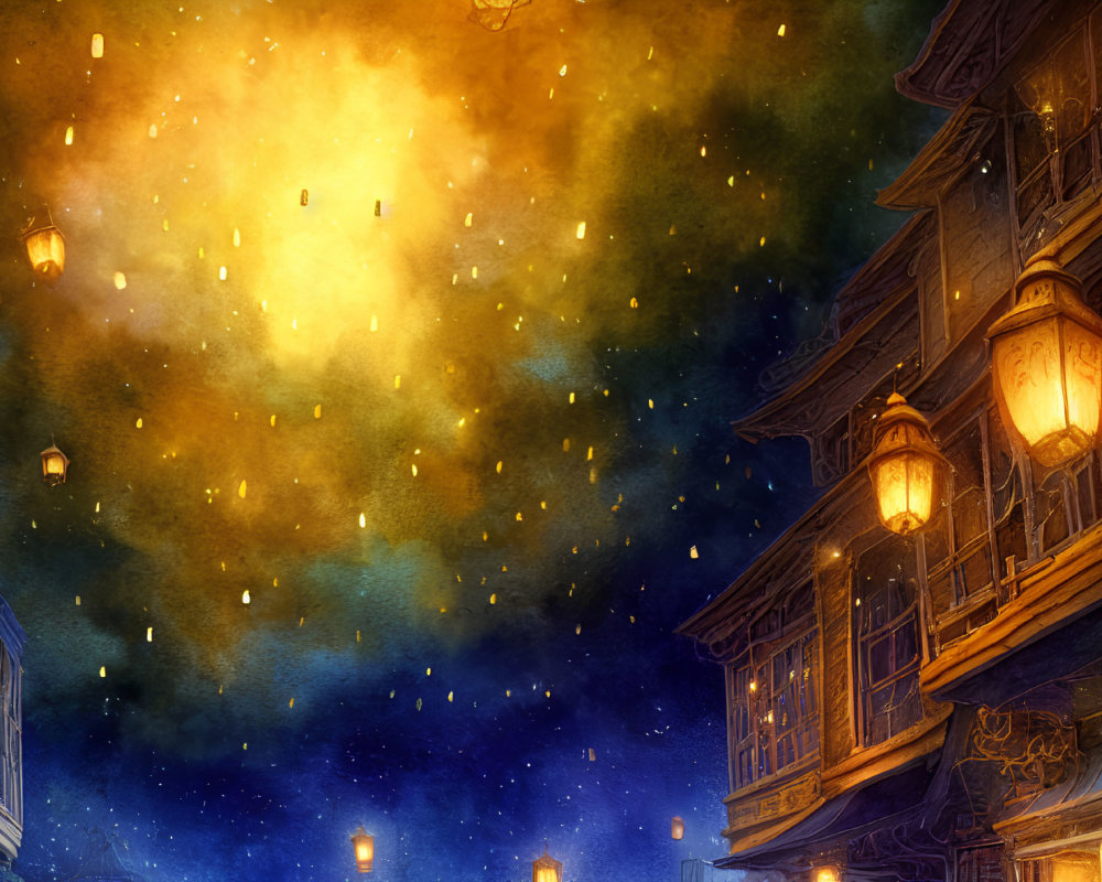 Traditional Asian building at night with hanging lanterns and floating lanterns in starry sky