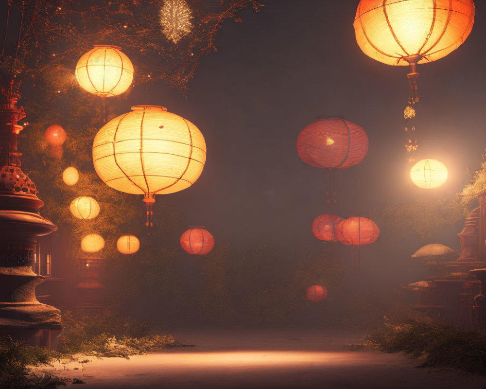 Tranquil Night Scene with Red and Orange Paper Lanterns