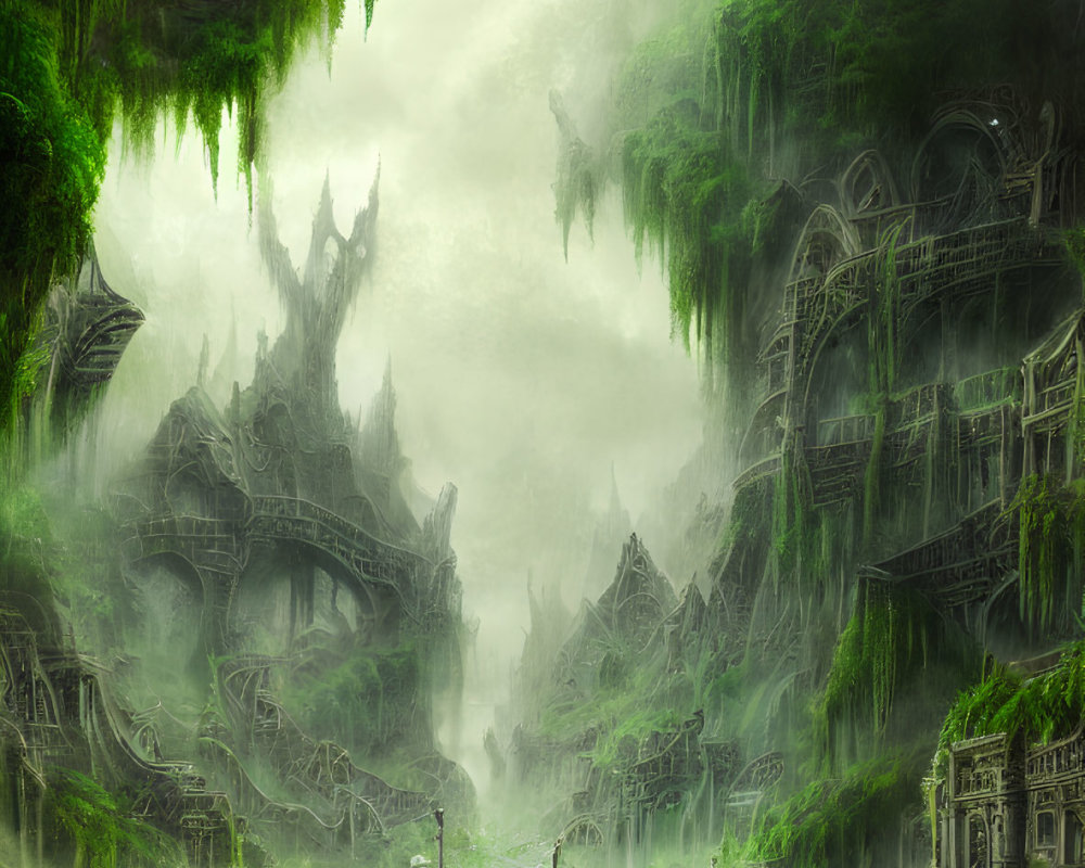 Fantasy landscape with lush greenery, misty ambiance, intricate architecture, bridges, and serene river