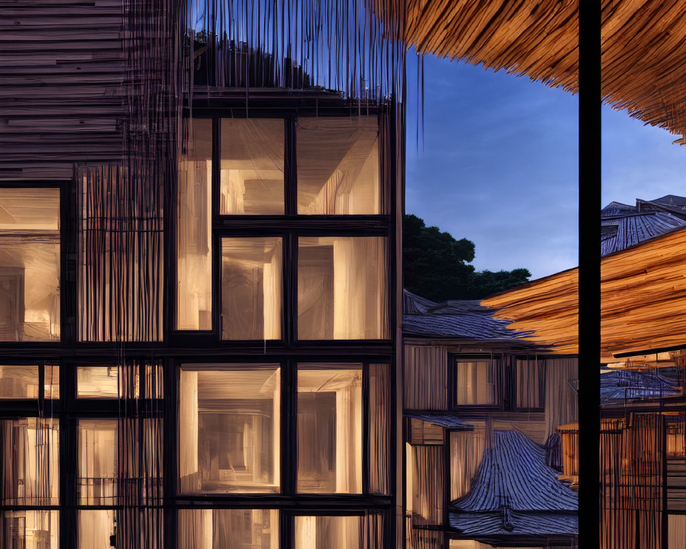 Modern building with illuminated glass façades and warm-toned wooden elements against a tranquil dusk sky.