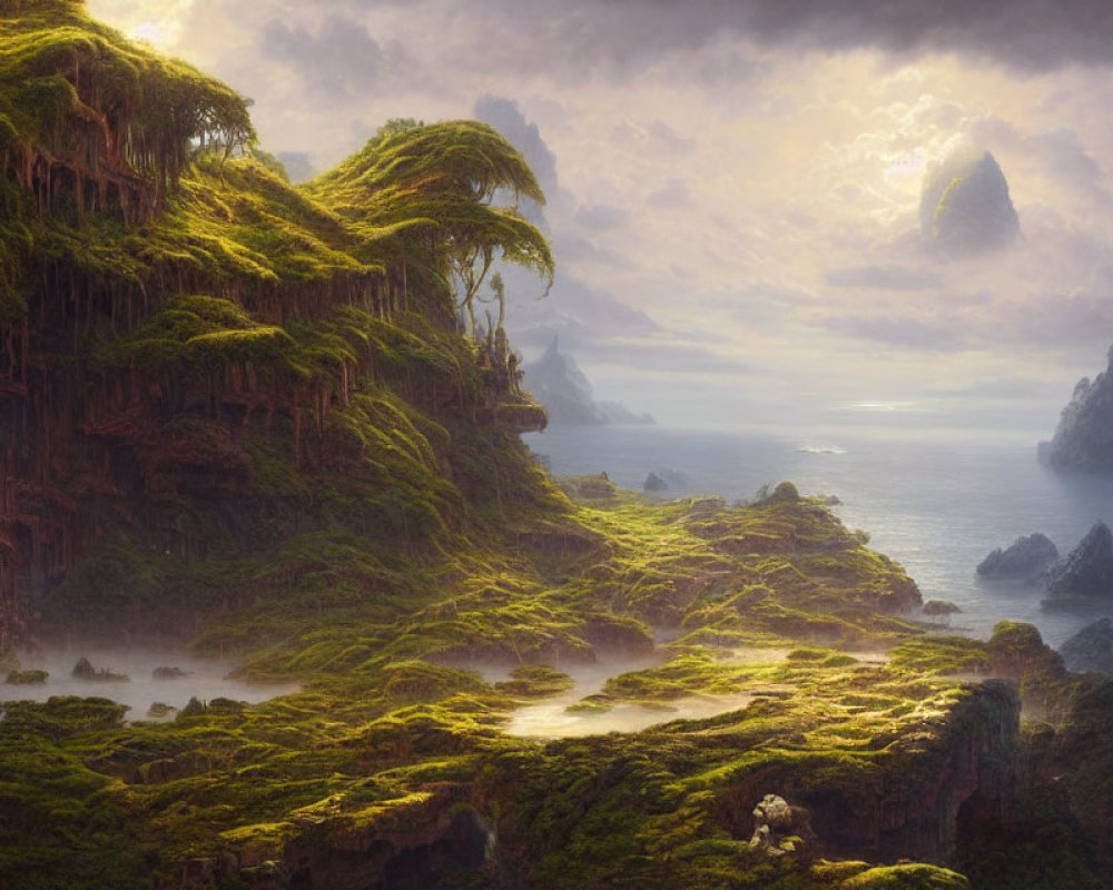 Tranquil landscape with misty cliffs, lush greenery, and calm sea