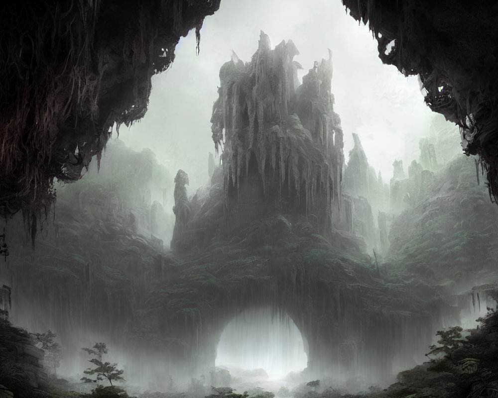 Mystical cave with towering stalactites and luminous opening