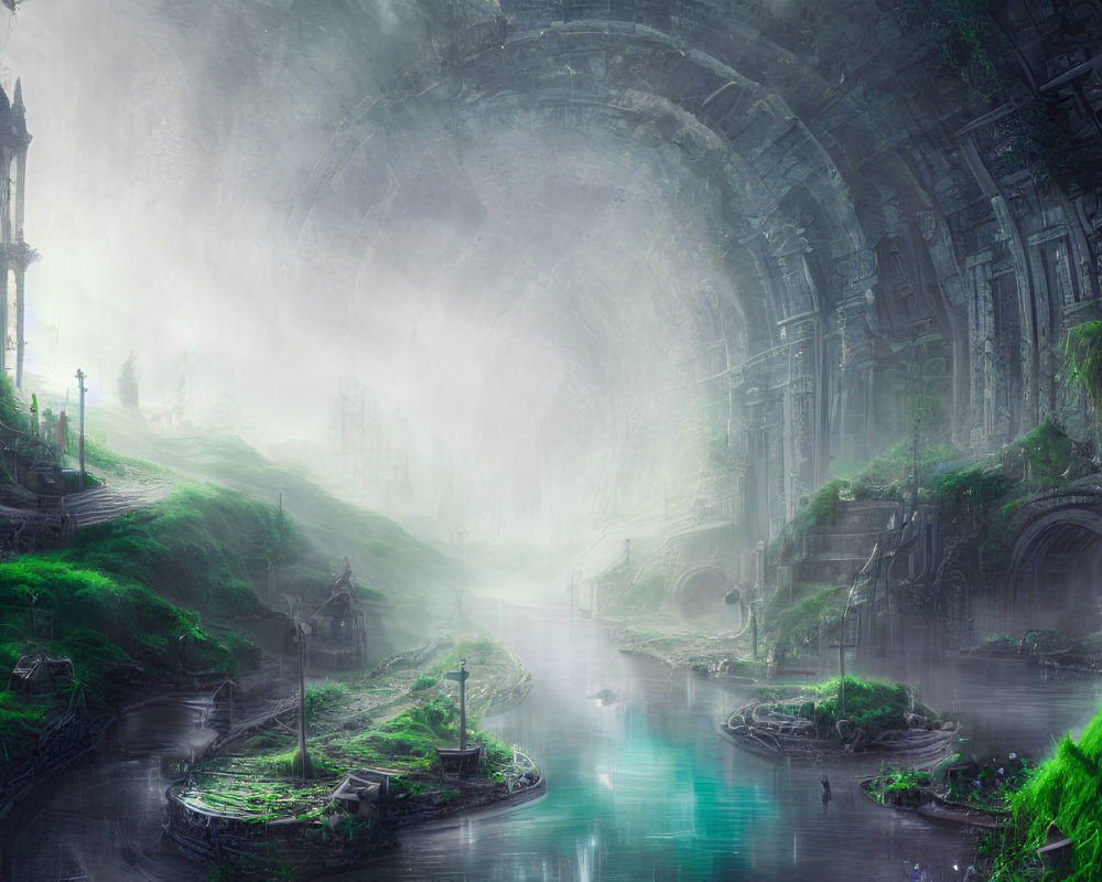 Ethereal fantasy landscape with ancient ruins, lush greenery, tranquil river, mystical fog, and