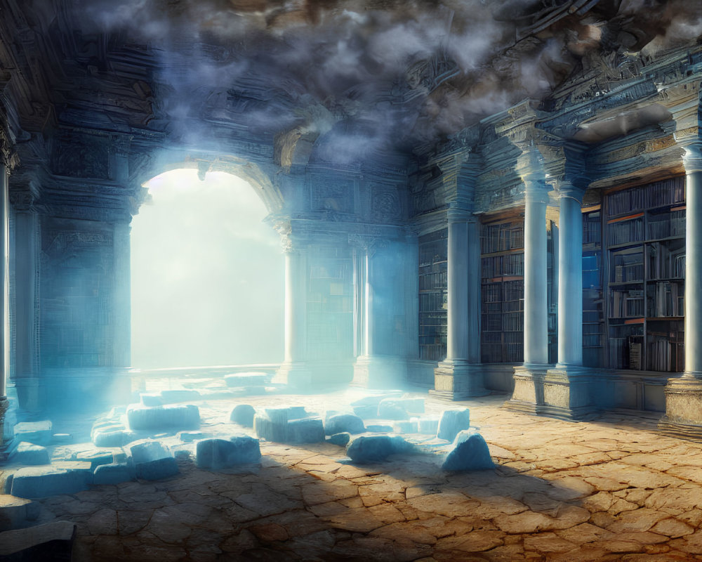 Ancient library with columns, scattered books, and mystical blue glow