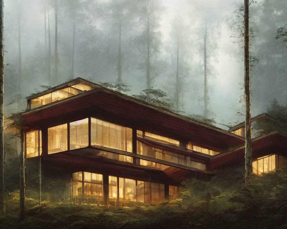 Glass house with wooden beams in misty forest twilight.