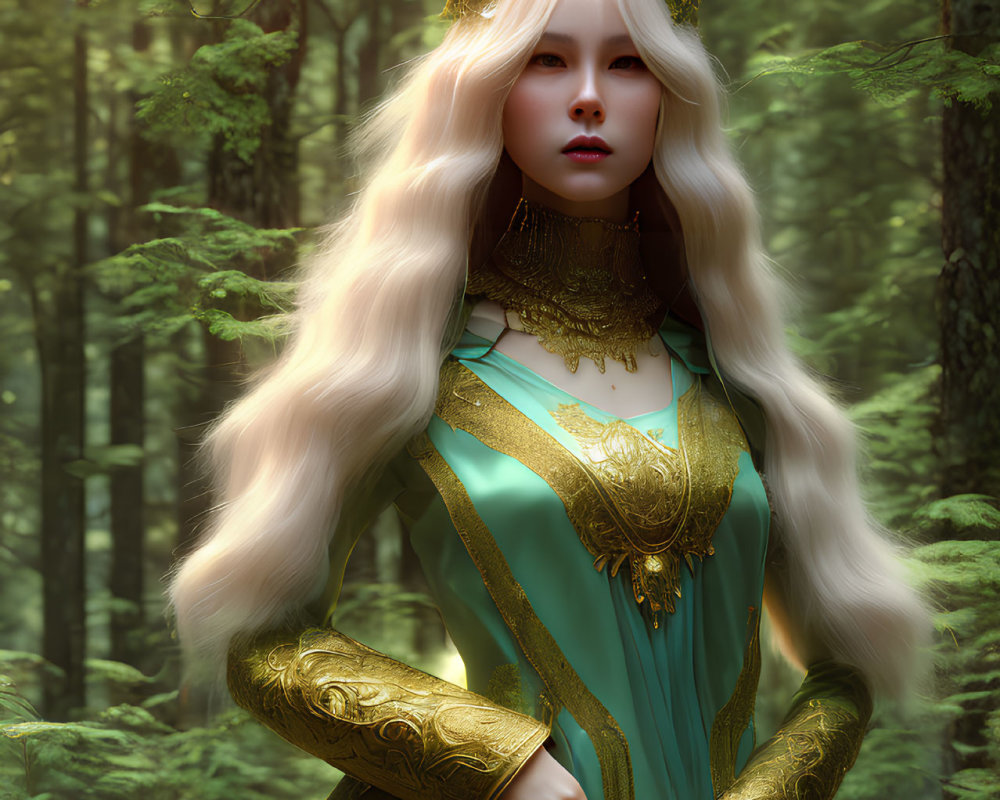 Regal woman with long white hair and golden crown in ornate dress in forest