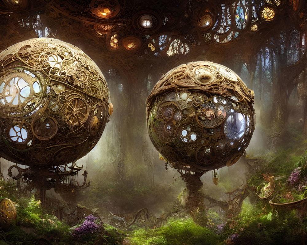 Intricate spherical structures with cog and wheel designs in misty forest