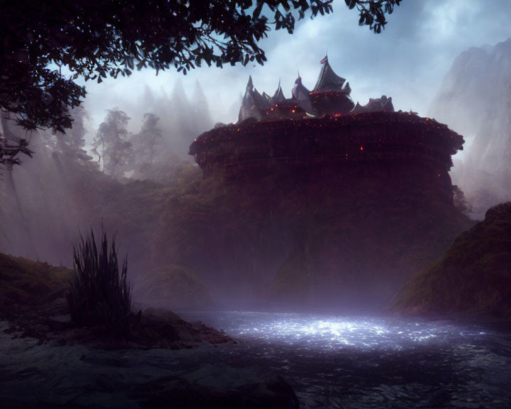 Mystical castle on cliff in foggy forest with luminous river