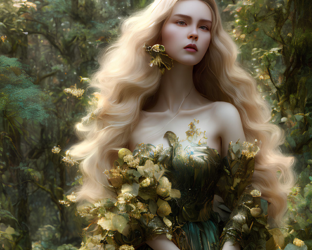 Blonde woman in greenery-themed dress in mystical forest