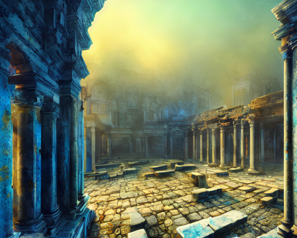 Ancient city with classical columns and overgrown ruins in golden sunlight