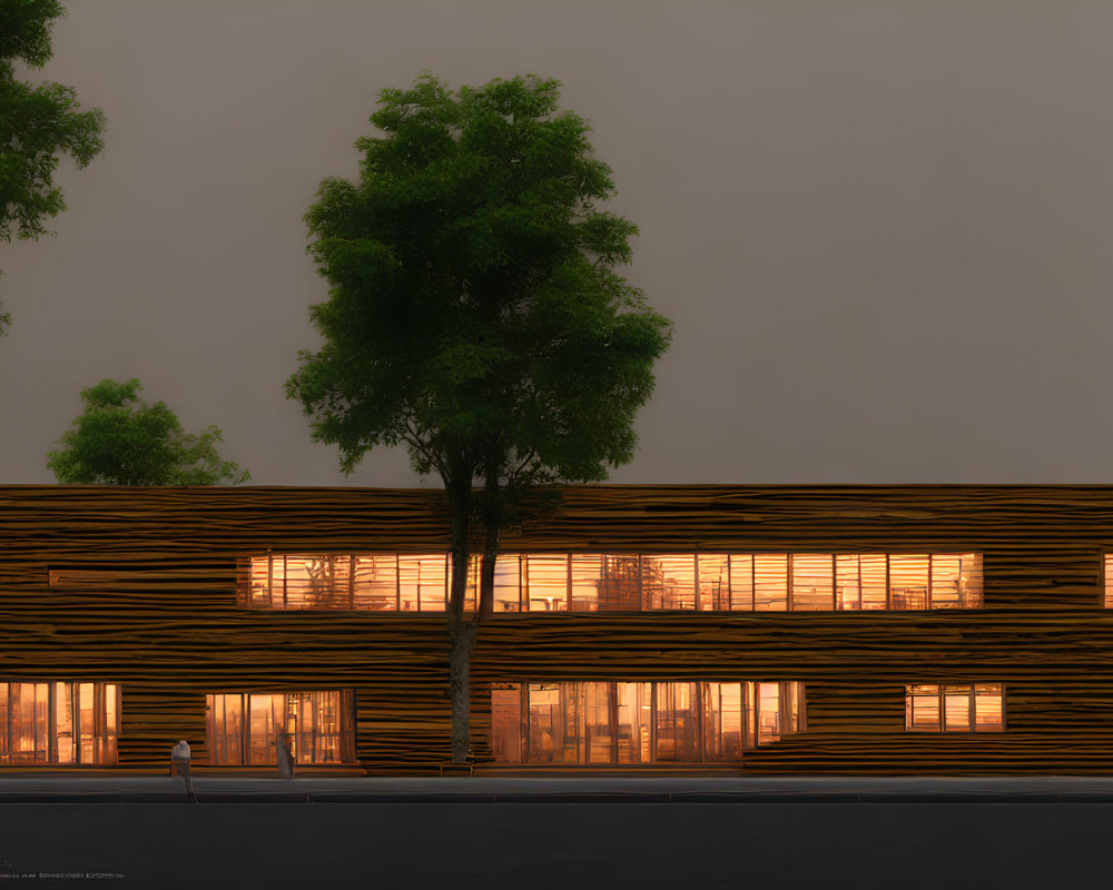 Horizontal Wooden Slats Facade Building with Illuminated Windows and Tree on Quiet Street