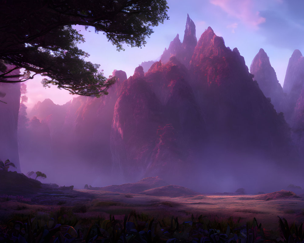 Purple-hued landscape with misty forest floor and rocky peaks