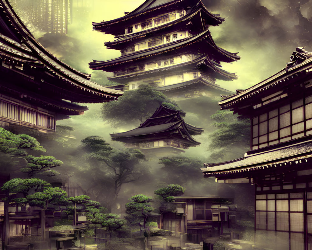 Traditional Japanese pagoda in misty forest setting with wooden buildings.