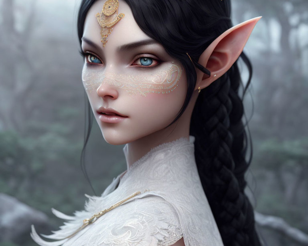 Elf digital artwork featuring pointed ears, delicate jewelry, braided hairstyle, white outfit.