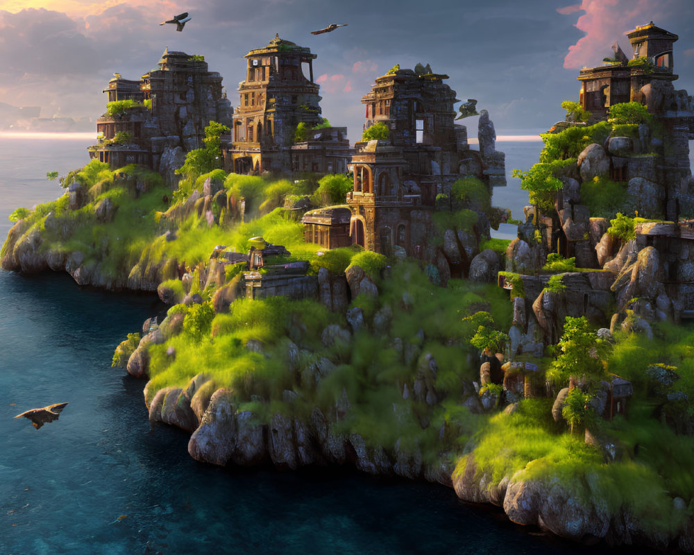 Ancient overgrown ruins on rocky coastline with birds flying over tranquil sea at golden hour