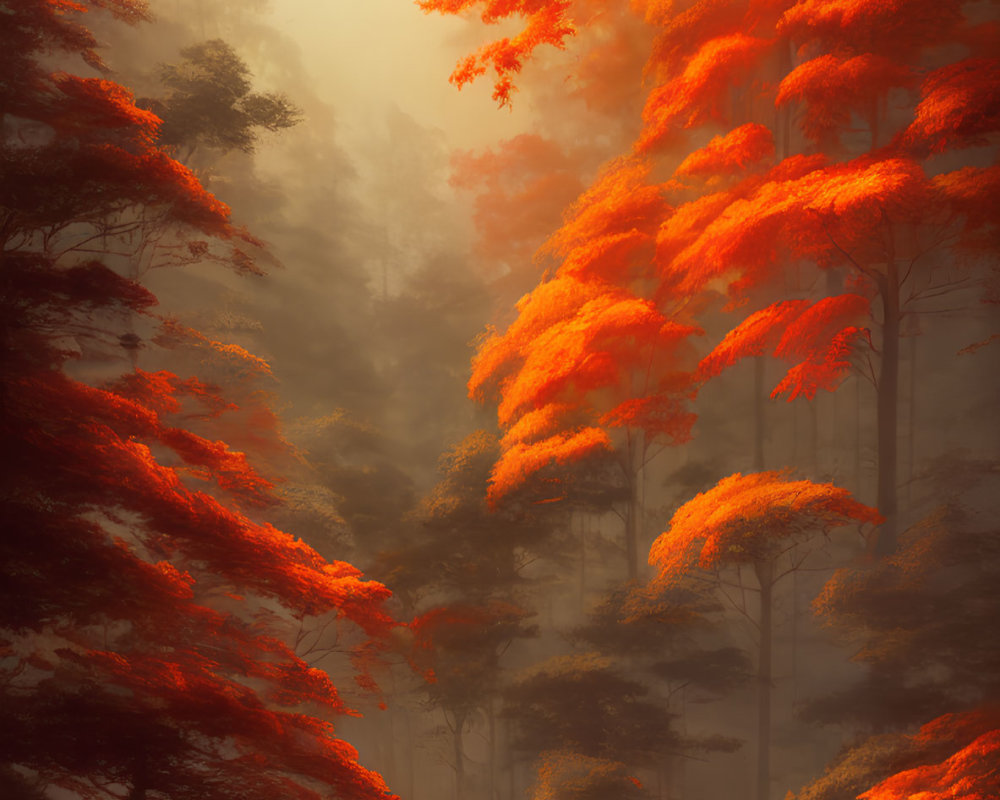 Forest scene with red foliage and figures walking in sunlight-filtered mist