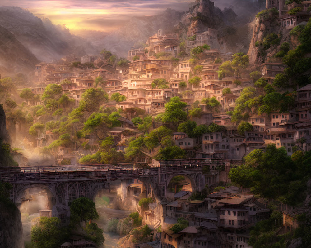 Mountainous village at sunrise with stone houses, waterfalls, arch bridge, lush trees