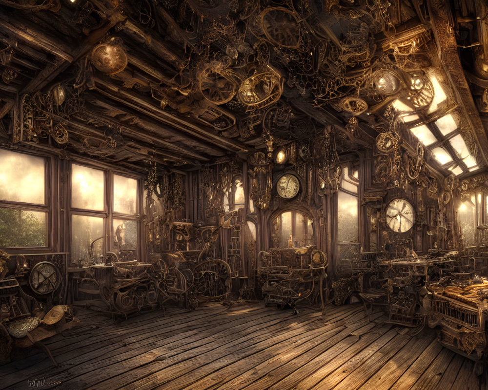 Steampunk-themed room with intricate machinery, gears, and clocks