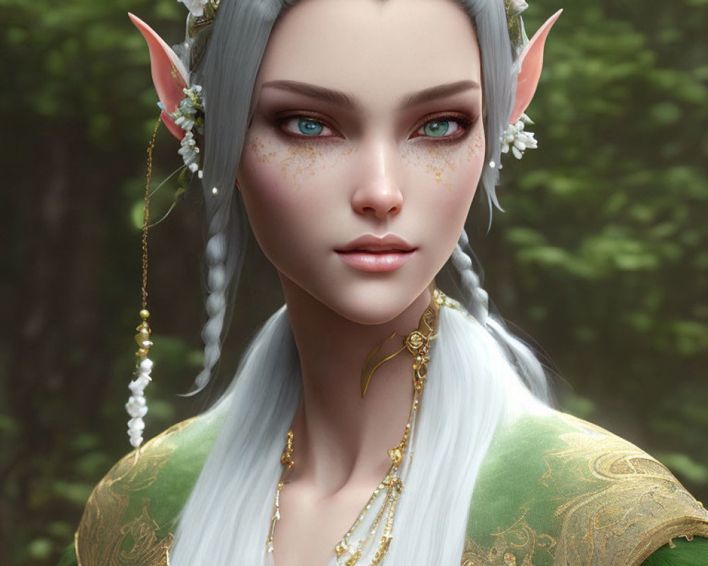 White-haired elf with green eyes in golden tiara and cloak against forest.