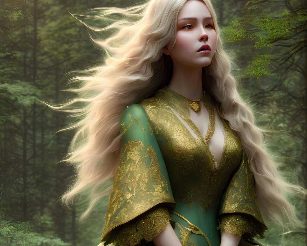 Blonde woman in green and gold dress standing in forest