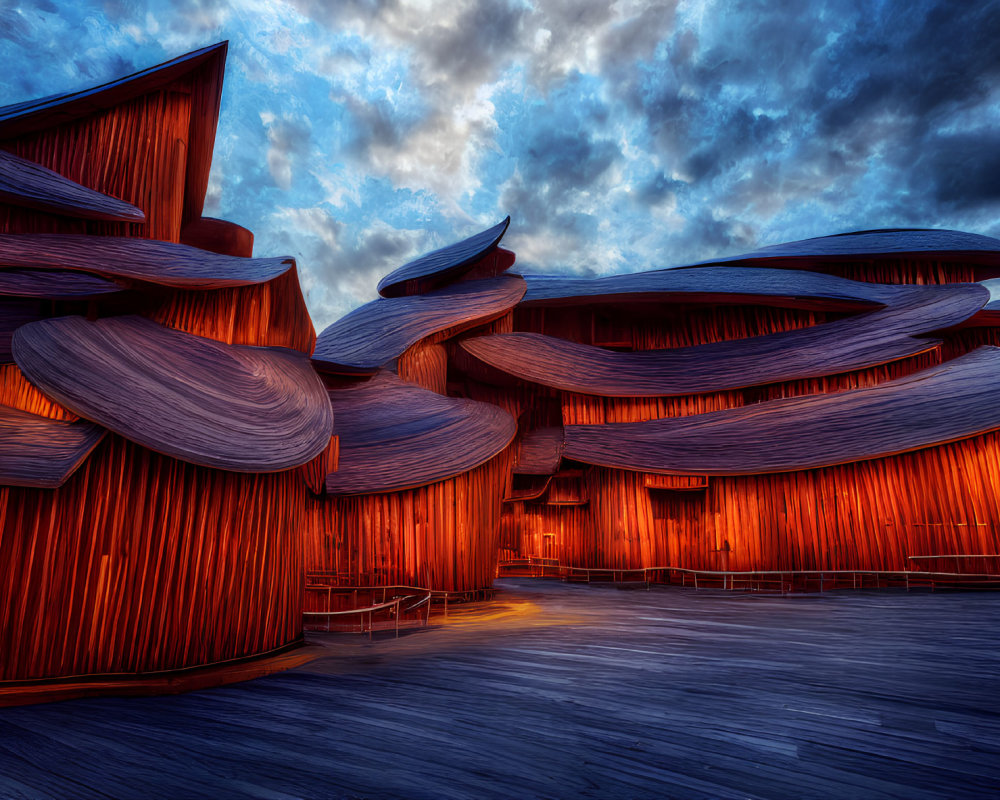 Contemporary building design with curved wooden panels under dramatic evening sky.