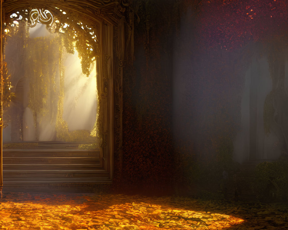 Golden mirror reflecting Autumn scene with fallen leaves in dark room