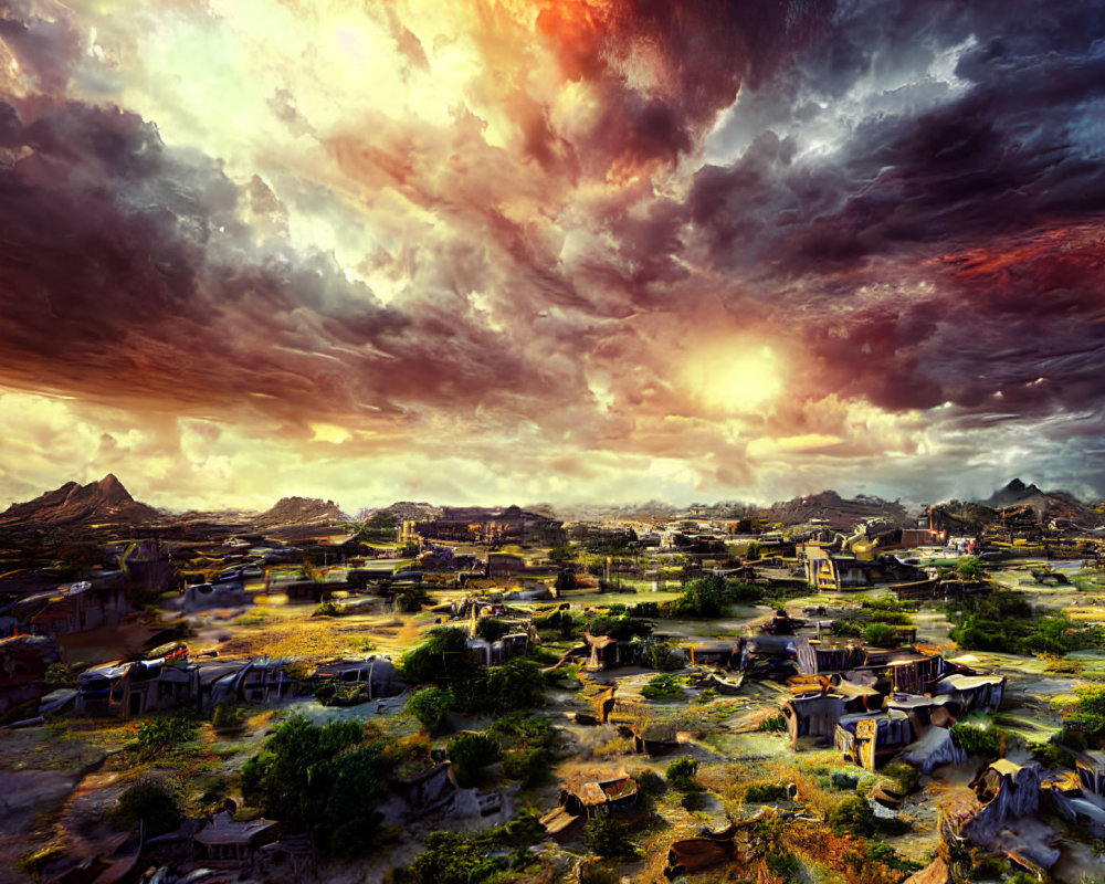 Rustic village with thatched huts at dramatic sunset