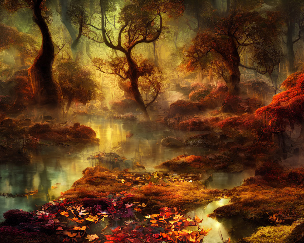 Enchanting Autumn Forest with Red Foliage, Blue Stream, Mist, and Solitary Figure